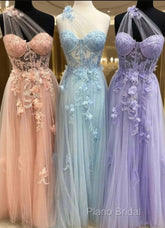 One Shoulder Flowers Lace Formal Prom Dresses Applique Sweetheart With Split