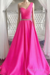 One Shoulder Hot Pink Formal Prom Dresses, Hot Pink One Shoulder Formal Dresses