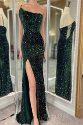 One Shoulder Long Emerald Green Formal Prom Dresses Mermaid Sequin
