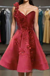 One Shoulder Open Back Burgundy Floral Short Formal Prom Dress, Wine Red Floral Formal Evening Homecoming Dress