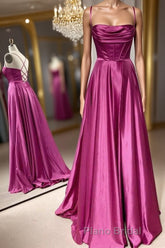 Open Back Fuchsia Satin Ruched Long Formal Prom Dress, Long Fuchsia Formal Graduation Evening Dress