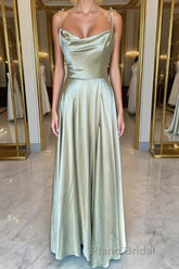 Open Back Sage Satin Long Formal Prom Dress with High Slit, Long Sage Formal Graduation Evening Dress