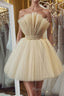 Open Back Strapless Champagne Tulle Short Formal Prom Homecoming Dress, Strapless Champagne Formal Graduation Evening Dress