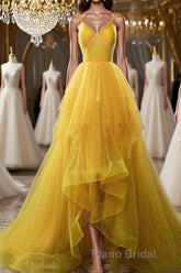 Open Back V Neck High Low Yellow Tulle Long Formal Prom Dress, High Low Yellow Formal Evening Dress