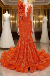 Orange Mermaid One Sleeve Formal Prom Dresses Sequined Lace Jewel Ruffles Evening Party Dress with Appliques