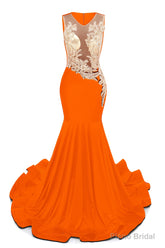 Orange V-Neck Sheer Corset Prom Dresses Beaded Mermaid Long Train Evening Gowns