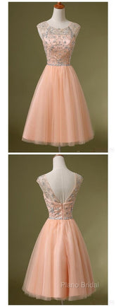 Peach Tulle Beaded Short Cute Homecoming Dresses