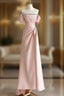 Pink A-Line Satin Long Formal Prom Dresses, Off Shoulder Pink Long Formal Dresses