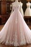 Pink A Line Spaghetti Strap Tulle Beaded Long Formal Prom Dresses Sweet Applique Wedding Dresses
