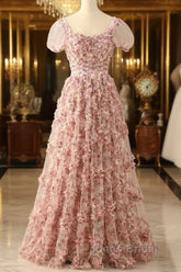 Pink A-Line Tulle Pleated Floral Long Formal Prom Dresses Adult Ceremony Graduation Formal Prom Dresses