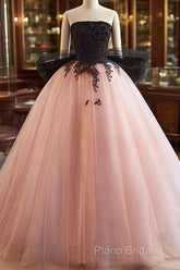 Pink And Black Lace Tulle Ball Gown Sweet 16 Dresses, Pink And Black Long Formal Dresses
