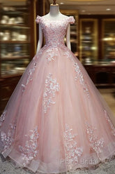 Pink Cap Sleeves Ball Gown Tulle With Lace Sweet 16 Formal Prom Dresses, Long Quinceanera Dresses