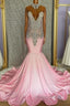 Pink High Neck Mermaid Beading Satin Formal Prom Dresses