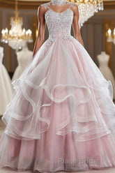 Pink high neck tulle lace long Formal Prom dress, pink sweet 16 dress