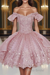 Pink Lace Homecoming Gown with Beading,Princess Off the Shoulder Hoco Dresses