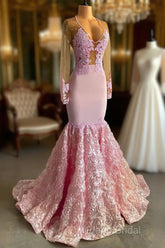 Pink Long Sleeves Lace Formal Prom Dresses Mermaid Tulle Formal Gown
