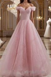 Pink off shoulder tulle sequin long Formal Prom dress, pink formal dress
