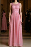 Pink round neck tulle lace long Formal Prom dress, pink lace bridesmaid dress