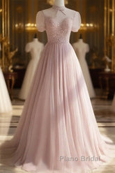 Pink Round Neck Tulle Sequin Long Formal Prom Dresses Formal Dresses Short Sleeves December Wedding Guest Dresses