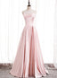 Pink Satin Long Party Dress with Pearls, Floor Length Party Dres Wedding Party Dress