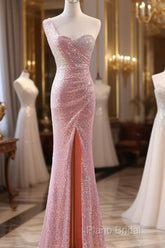 Pink Sequins Mermaid Sweetheart Long Formal Prom Dresses, Pink Sequins Formal Dresses