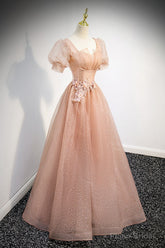 Pink Short Sleeves Tulle Party Dress, A-line Flower Lace Prom Dress