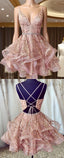 pink sleeveless v-neck spaghetti-straps sequins applique beaded homecoming Dresses