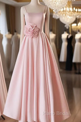 Pink Straps Sweetheart Long Satin Wedding Party Dresses, Pink Formal Dresses Formal Prom Dresses