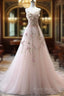 Pink Sweetheart Tulle With Lace Flowers Long Formal Dresses, Pink Tulle Formal Prom Dresses