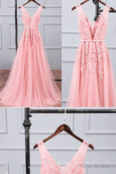 Pink Tulle A-line Simple Long Party Dress, A-line Prom Dresses Evening Dress
