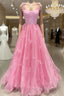Pink Tulle Applique Long Formal Prom Dresses Pink Formal Dresses