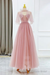 Pink Tulle Beaded Long Prom Dress, Lovely Pink Evening Dress