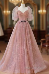 Pink Tulle Beautiful Puffy Sleeves Long Formal Prom Dresses, Pink A-Line Evening Dresses