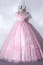 Pink Tulle Lace Long Prom Dress, Lovely A-Line Short Sleeve Evening Dress