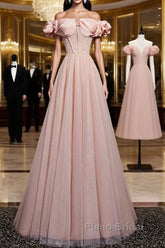 Pink Tulle Long A Line Formal Prom Dresses Pink Evening Dresses