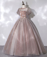 Pink Tulle Long Prom Dress, Pink Formal Sweet 16 Dress with Applique Beading