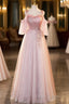 Pink Tulle Off Shoulder Beaded A-Line Formal Prom Dresses, Pink Tulle Long Party Dresses