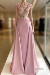 Pink V-Neck Fitted Satin Lace Long Formal Prom Dresses