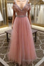 Pink V Neck Lace Tulle Long Formal Prom Dresses, Pink Evening Dresses