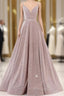 Pink V Neck Sequin A Line Formal Prom Dresses With Slit
