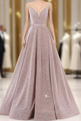 Pink V Neck Sequin A Line Formal Prom Dresses With Slit