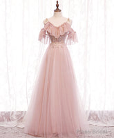 Pink v neck tulle lace long prom dress pink bridesmaid dress