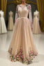 A Line Tulle Long Formal Prom Dresses with Flowers, Pink Long Sleeves Party Dresses with Beading