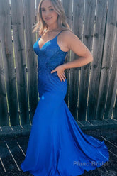 Plus Size Sparkly Spaghetti Straps Royal Blue Sequins Long Prom Dress