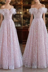 Pretty A Line Off The Shoulder Pink Sequin Long Formal Party Dresses Formal Prom Dresses
