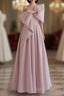 Pretty A Line One Shoulder Pink Satin Long Formal Party Dresses Formal Prom Dresses With Bowknot