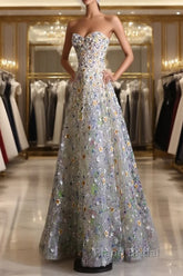 Pretty A Line Sweetheart Tulle Floral Long Formal Prom Dresses Evening Gowns