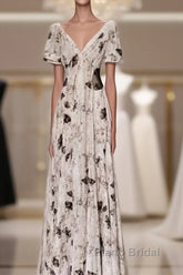 Pretty A Line V Neckline Floral Long Formal Prom Dresses Birthday Dresses For Women