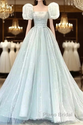 Pretty Ball Gown Square Neckline Short Sleeves Long Evening Party Dresses Formal Prom Dresses