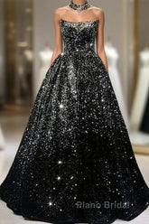 Pretty Ball Gown Strapless Black Sequin Formal Prom Dresses Evening Dresses